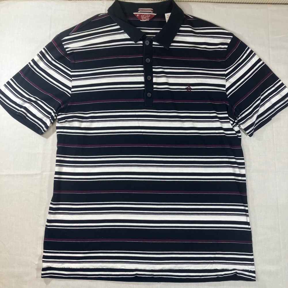 Original Penguin Mens Heritage Slim Fit Polo Shirt Navy Blue Striped Large